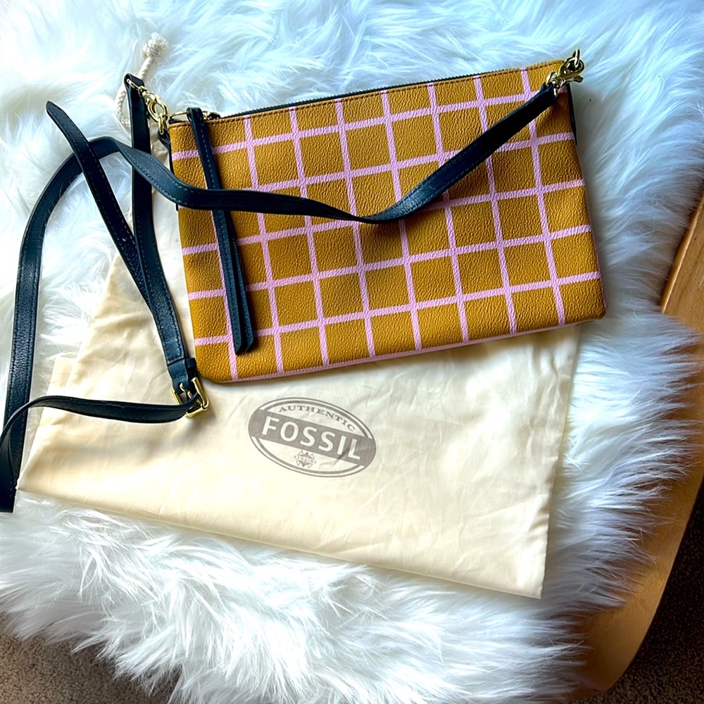 Fossil Shoulder bag, brown and lilac, checker square print, detachable strap